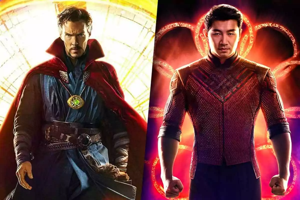 Dos personajes de películas de superhéroes de Marvel con trajes distintivos y fondos luminosos. A la izquierda, Dr. Strange y a la derecha, Shang-Chi.