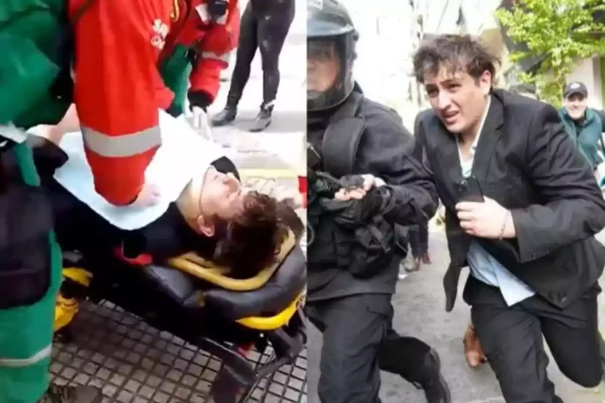 Un hombre es atendido por personal médico mientras otro es escoltado por un oficial de policía en una calle.