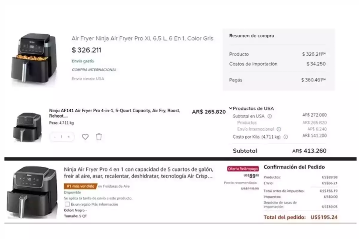 Captura de pantalla de una compra en línea de una freidora de aire Ninja Air Fryer Pro, mostrando detalles del producto, En Mercado Libre, TiendaMia y Amazon.