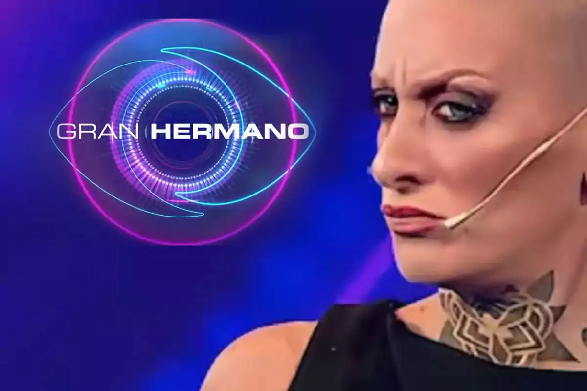 "Furia" Scaglione con expresión seria y un micrófono en la oreja, junto al logo de un programa de televisión "Gran Hermano" con un diseño de ojo en colores neón.