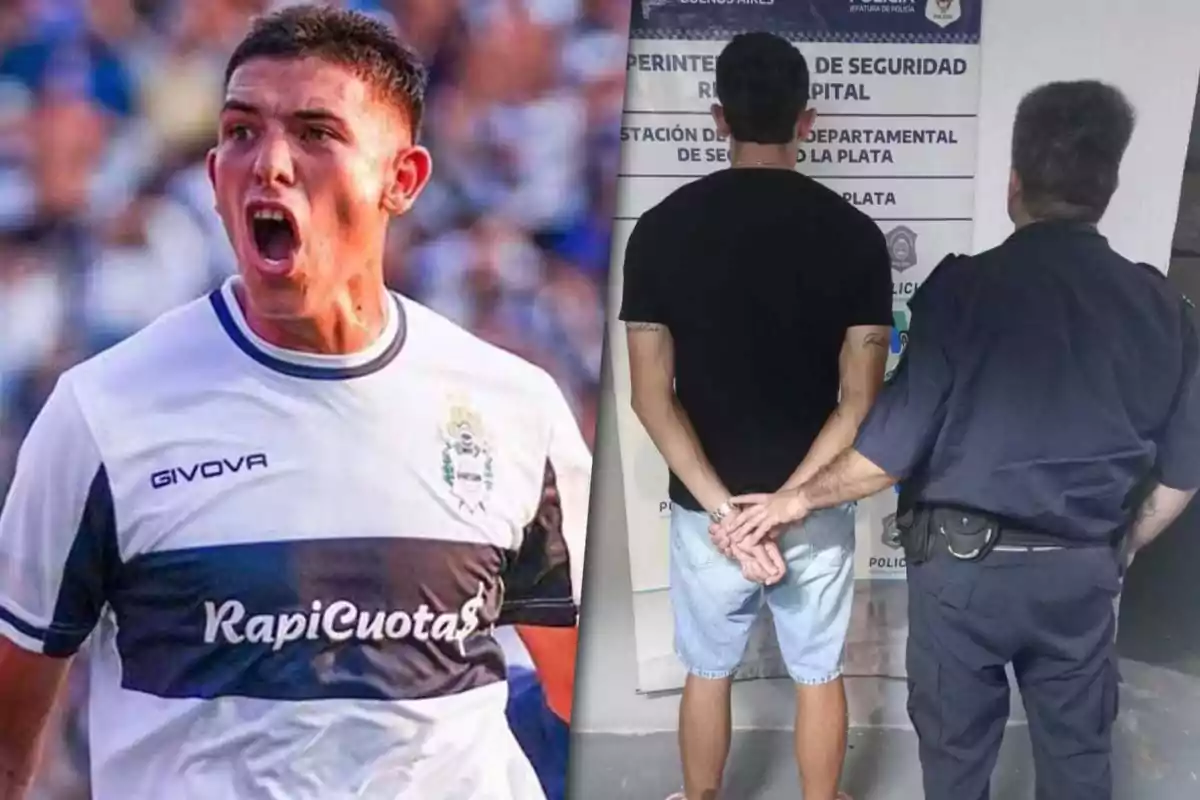 A man in a sports jersey shouting and another image of a handcuffed man with his back to a police officer.