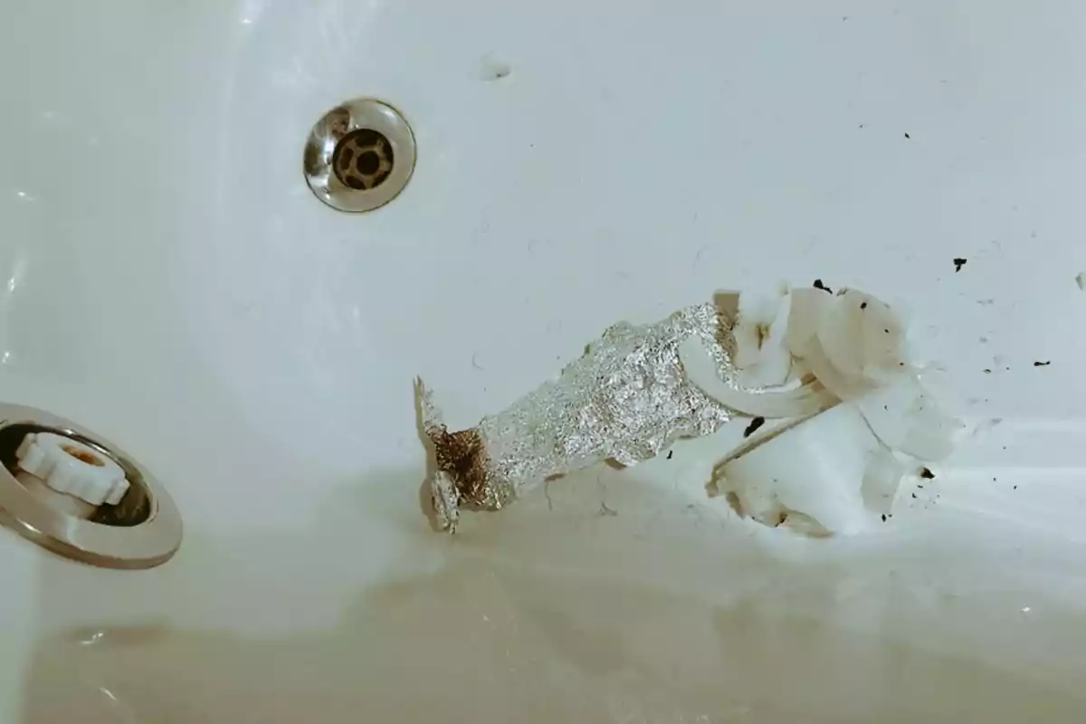 Una bañera con restos de papel aluminio y suciedad cerca del desagüe.