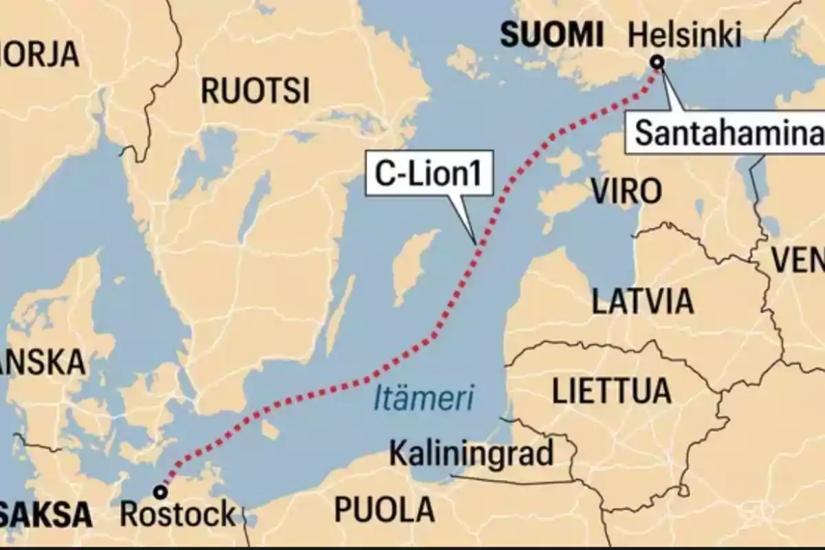 Mapa que muestra una ruta de cable submarino desde Rostock en Alemania hasta Helsinki en Finlandia, pasando por el mar Báltico y destacando puntos como C-Lion1 y Santahamina.