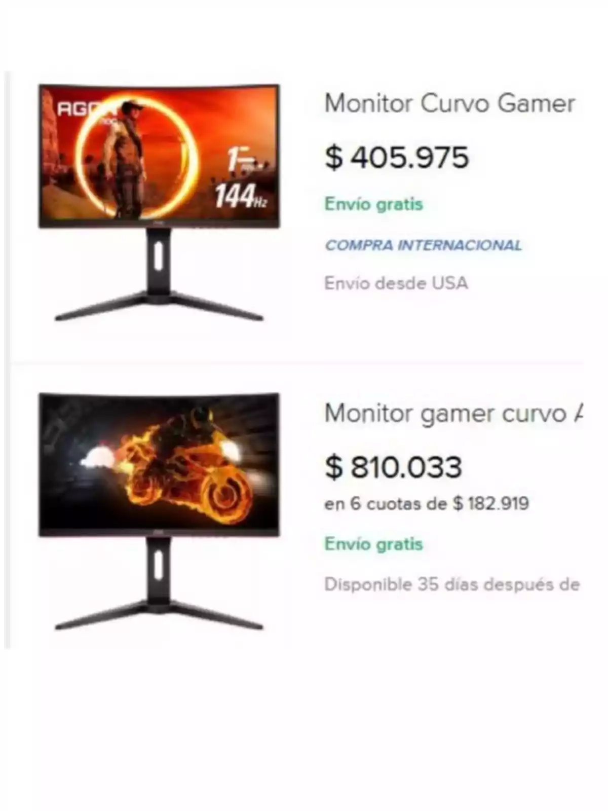 Imagen de dos monitores curvos para gamers con precios y opciones de envío gratis.