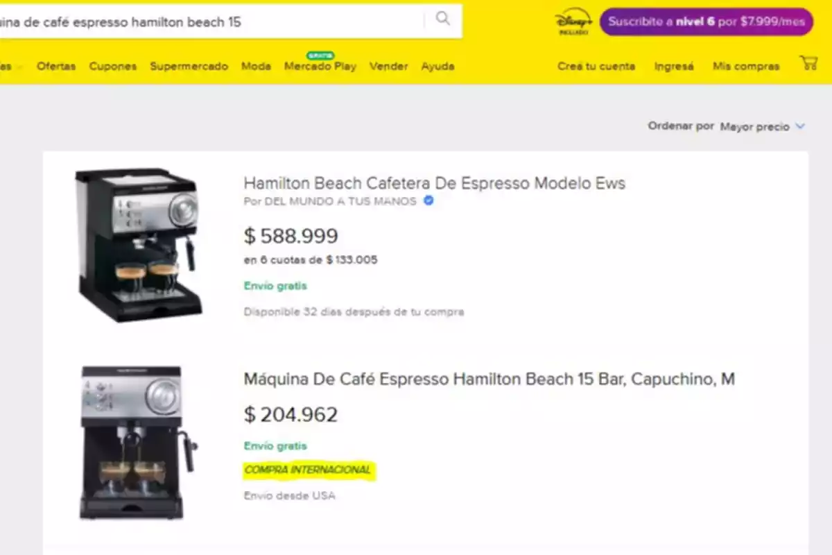 Resultados de búsqueda para máquinas de café espresso Hamilton Beach 15, mostrando dos modelos con precios y opciones de envío gratis.