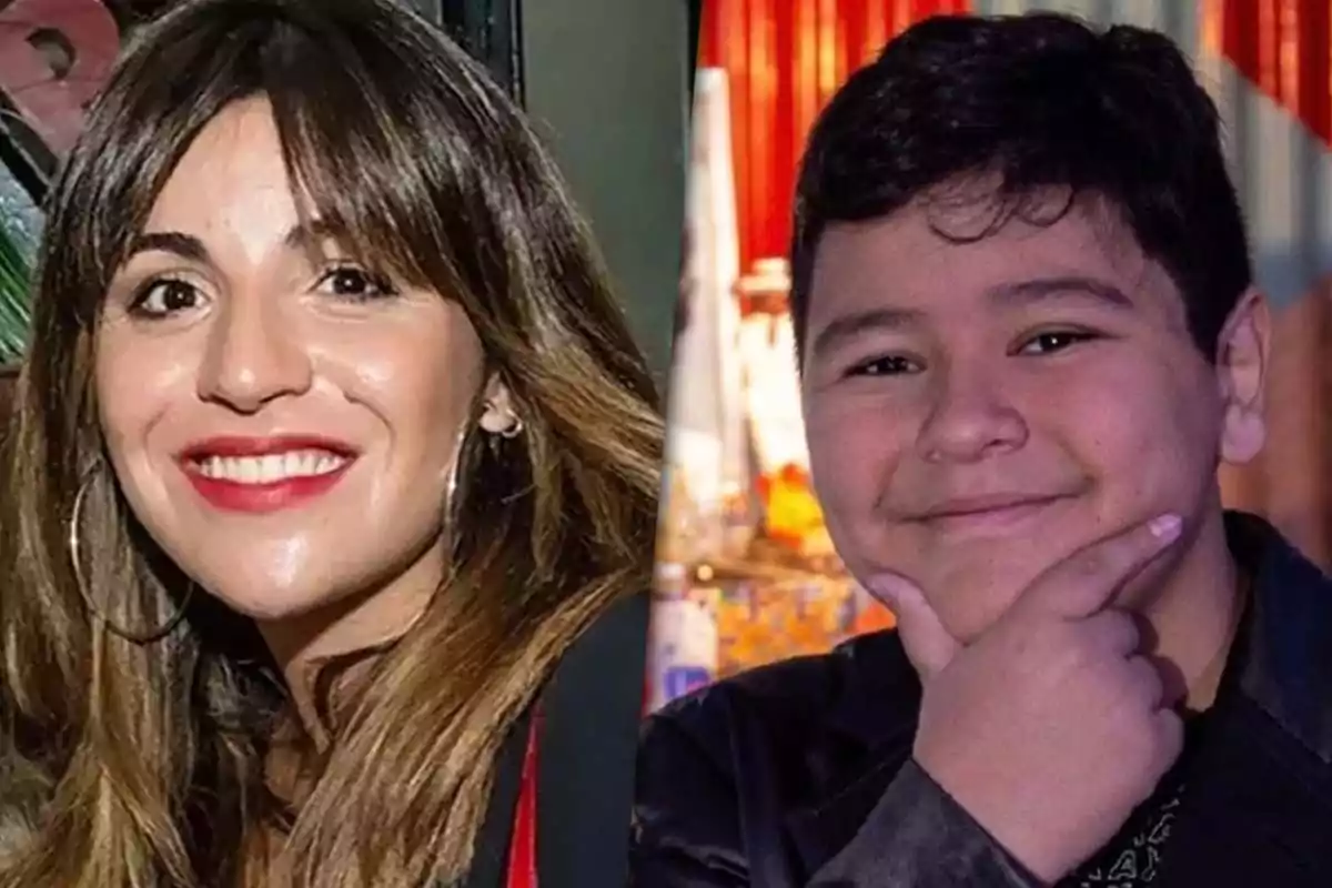 Two smiling people posing for the camera, a woman on the left (Gianinna Maradona) and a child on the right (Dieguito Fernando).