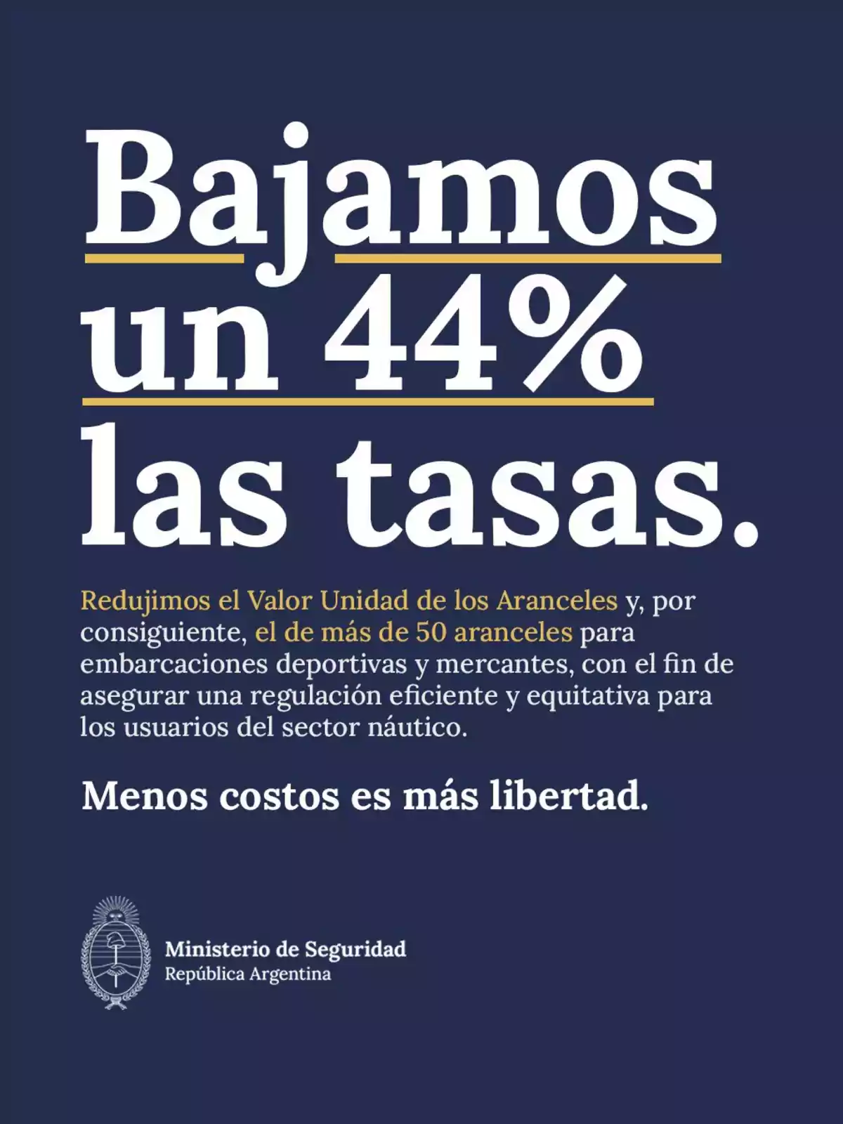 Anuncio del Ministerio de Seguridad de la República Argentina que informa sobre la reducción del 44% en las tasas, destacando la disminución del Valor Unidad de los Aranceles para embarcaciones deportivas y mercantes, con el objetivo de asegurar una regulación eficiente y equitativa para los usuarios del sector náutico, acompañado del lema 