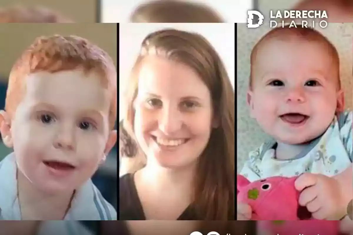 Three framed portraits of two children and a smiling woman, with a logo in the top right corner.