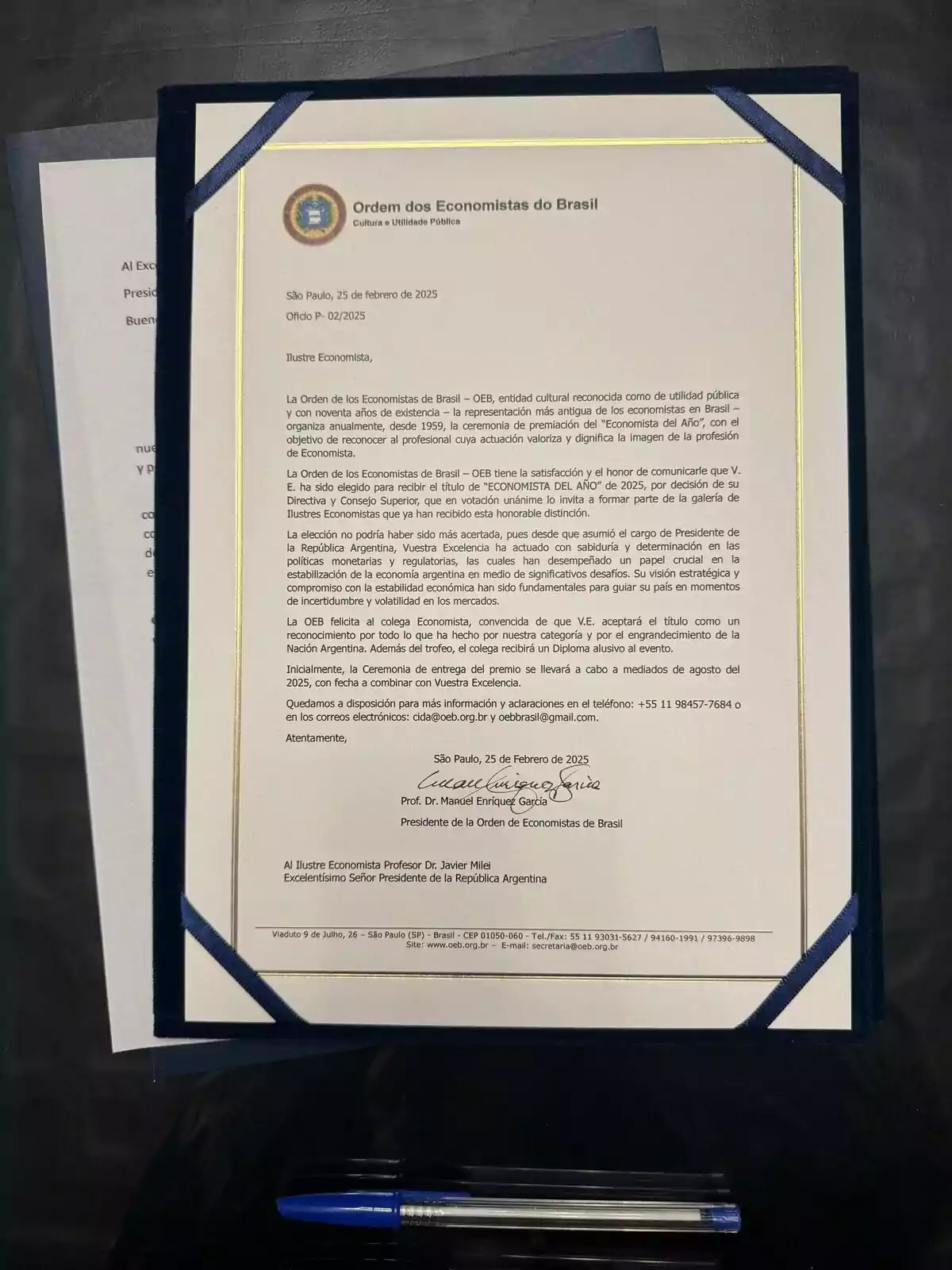 Una carta de la Orden de los Economistas de Brasil dirigida a un economista, fechada el 25 de febrero de 2025, en la que se comunica la elección como 