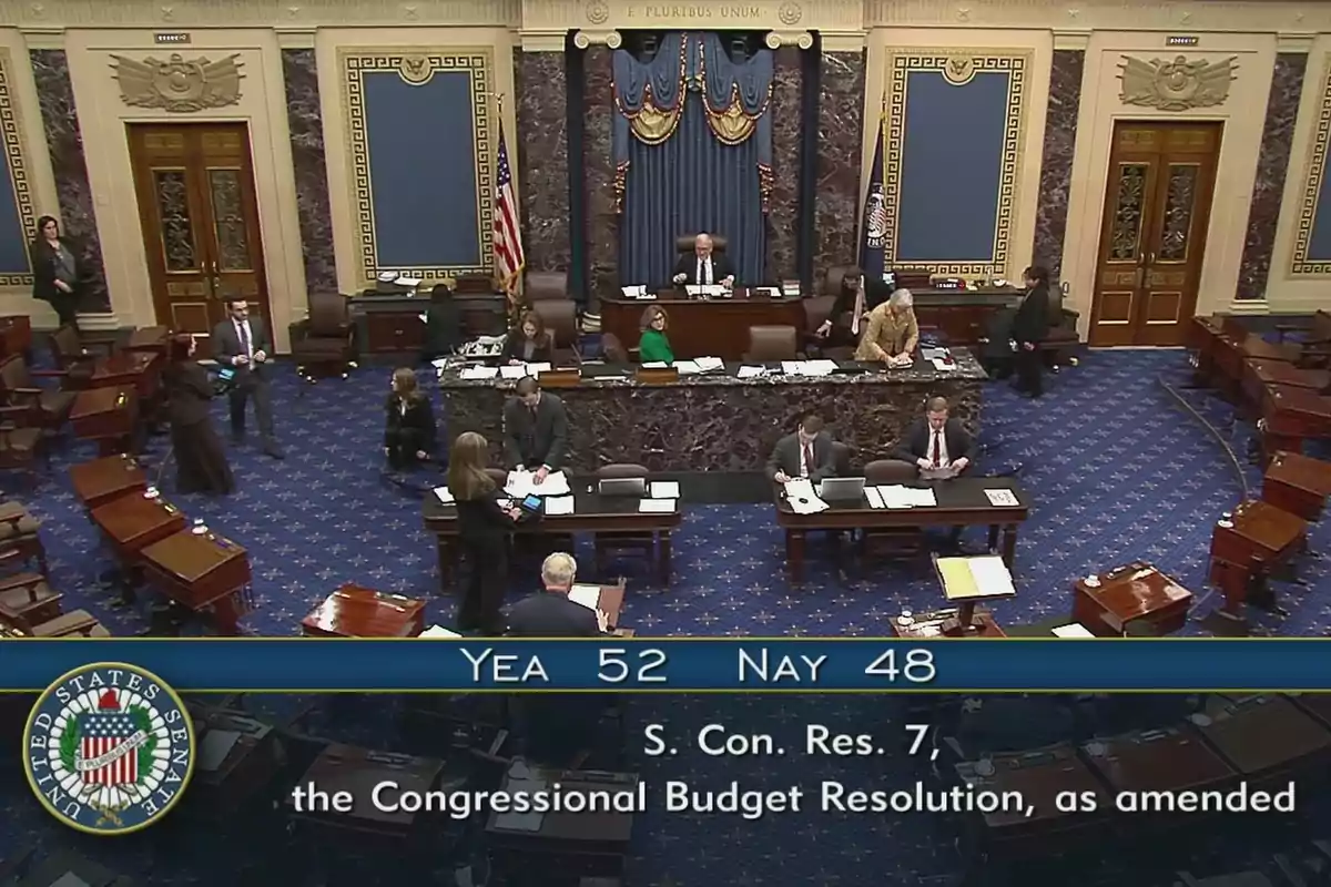 A session in the United States Senate with people working at their desks and a voting board showing the result of 52 votes in favor and 48 against a budget resolution.