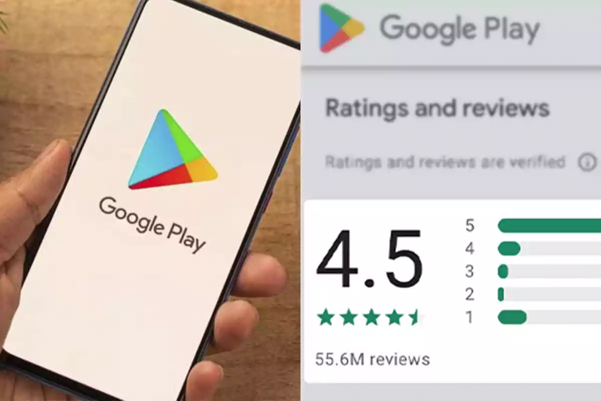 Teléfono mostrando el logo de Google Play junto a una pantalla con calificación de 4.5 estrellas y 55.6 millones de reseñas.