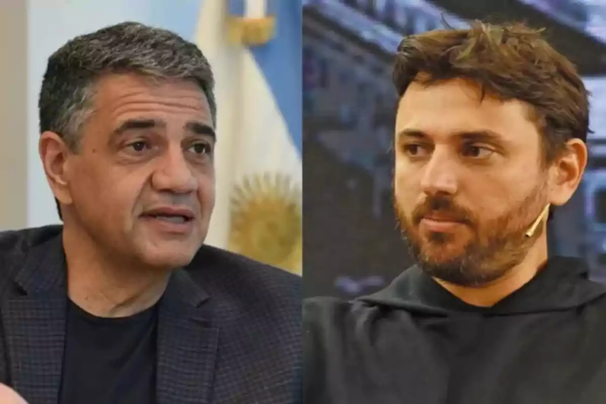 Dos hombres en una imagen dividida, uno con cabello canoso y chaqueta oscura, el otro con barba y micrófono de diadema.