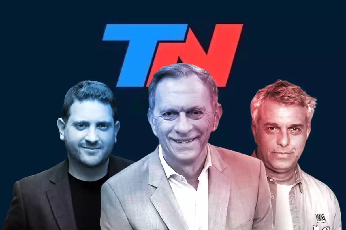 Jonatan Viale, Marcelo Bonelli y Mario Mario Massaccesi posan frente a un logotipo de TN en un fondo azul.