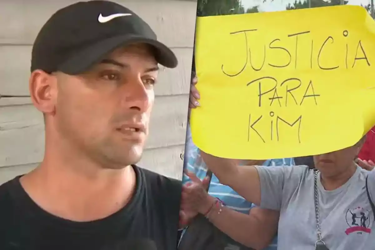 Un hombre con gorra negra y una persona sosteniendo un cartel amarillo que dice "Justicia para Kim".