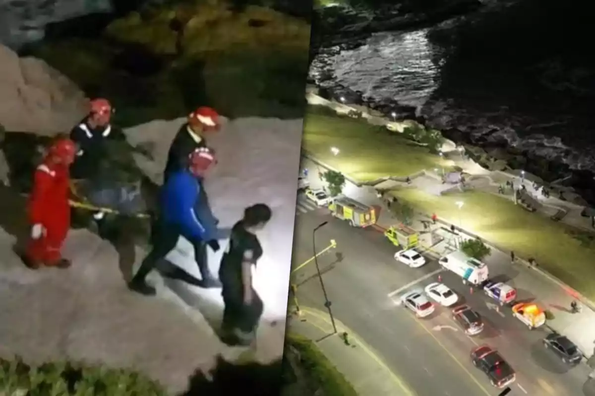 A group of rescuers with red helmets and uniforms of different colors walks across rocky terrain while carrying a stretcher; to the right, an aerial view shows emergency vehicles parked near a coast illuminated by artificial lights.