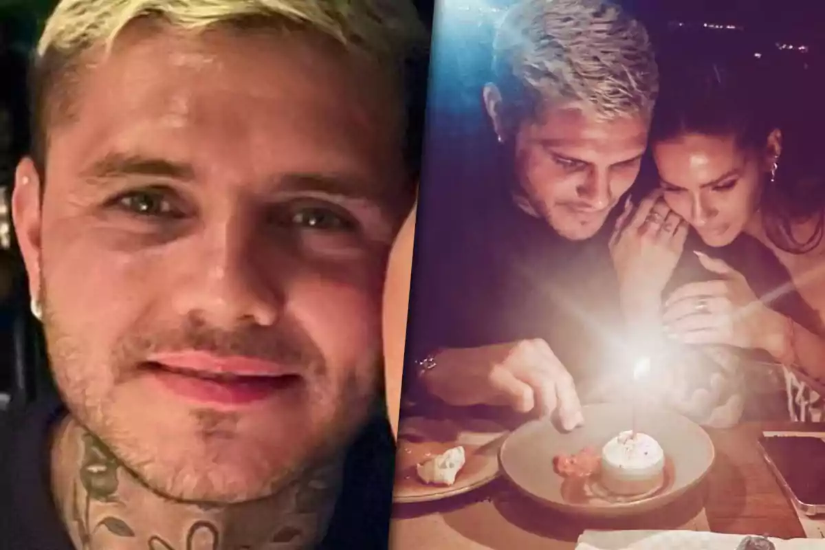 Una persona con cabello rubio y tatuajes en el cuello aparece en un primer plano (Mauro Icardi), mientras que en la otra parte de la imagen, dos personas están sentadas juntas (Mauro Icardi y la China Suárez) frente a un postre con una vela encendida.