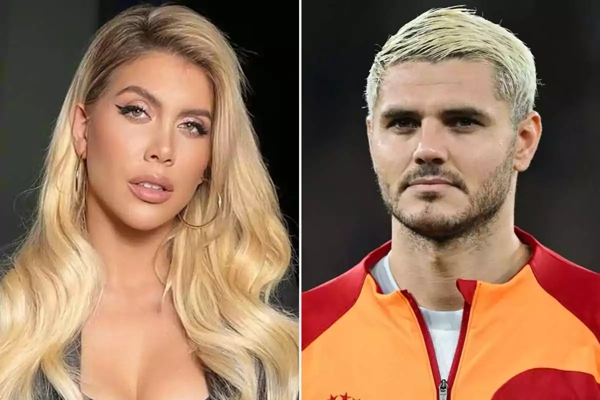 Two people posing in a side-by-side photo montage, a woman with blonde hair (Wanda Nara) and a man with short blonde hair (Mauro Icardi).