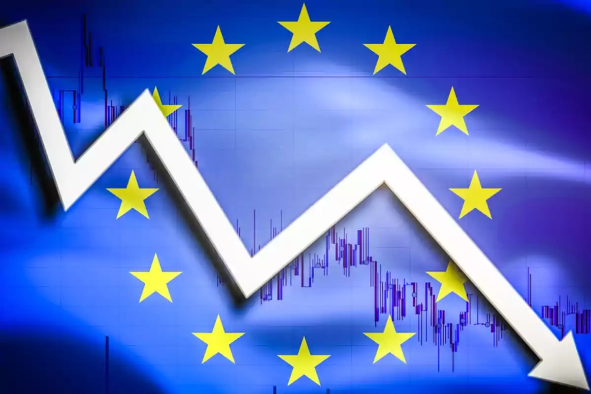 Gráfico descendente sobre la bandera de la Unión Europea.