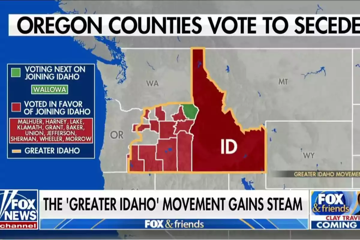 Mapa que muestra los condados de Oregón que votaron a favor de unirse a Idaho y los que votarán próximamente, con el título 