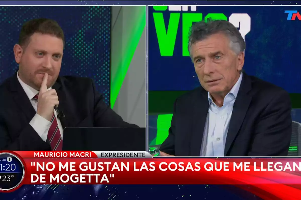 Dos hombres en un programa de televisión, uno de ellos es un entrevistador y el otro es un expresidente, con un texto en la parte inferior que dice: "NO ME GUSTAN LAS COSAS QUE ME LLEGAN DE MOGETTA".