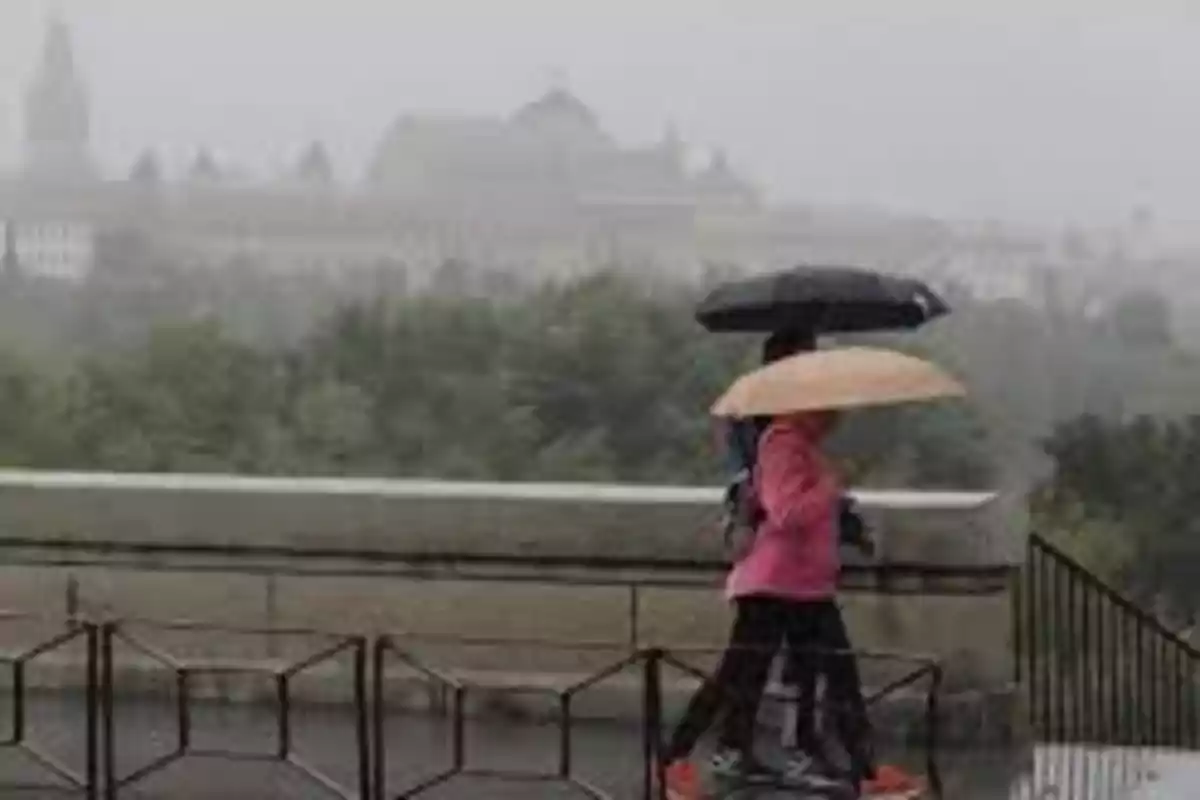 Personas caminando bajo la lluvia con paraguas en un día nublado.