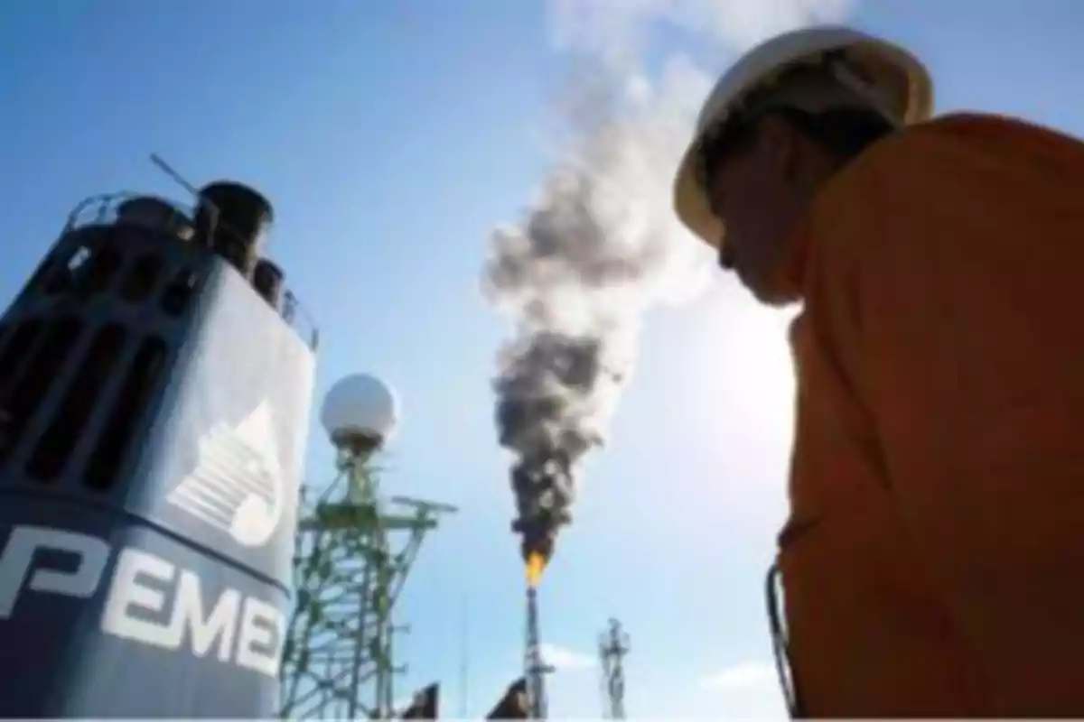 Worker with a helmet in front of an industrial facility with smoke coming out of a tower.