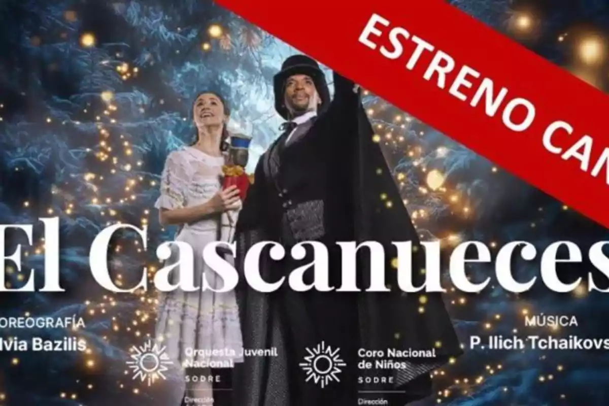 Cartel promocional del estreno de "El Cascanueces" con un fondo festivo y personajes en vestuario de época.