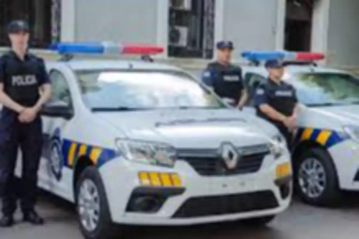 Policías de pie junto a dos patrullas Renault con luces de emergencia encendidas.