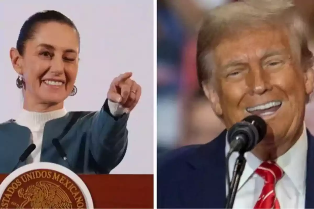 Dos personas en un montaje fotográfico, una mujer guiñando un ojo y señalando, y un hombre sonriendo frente a un micrófono.