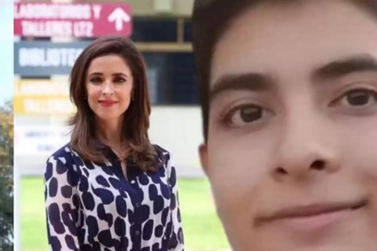 Una mujer de pie con una blusa de estampado azul y blanco junto a un primer plano de un rostro masculino sonriente.