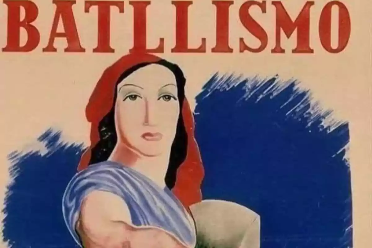 Cartel con la palabra "Batllismo" en la parte superior y una ilustración de una figura femenina con un gorro rojo y una túnica azul sobre un fondo azul.