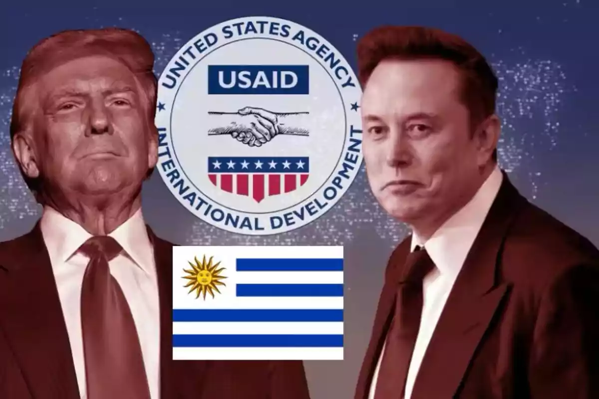 Dos hombres de traje frente a un logotipo de USAID y la bandera de Uruguay.