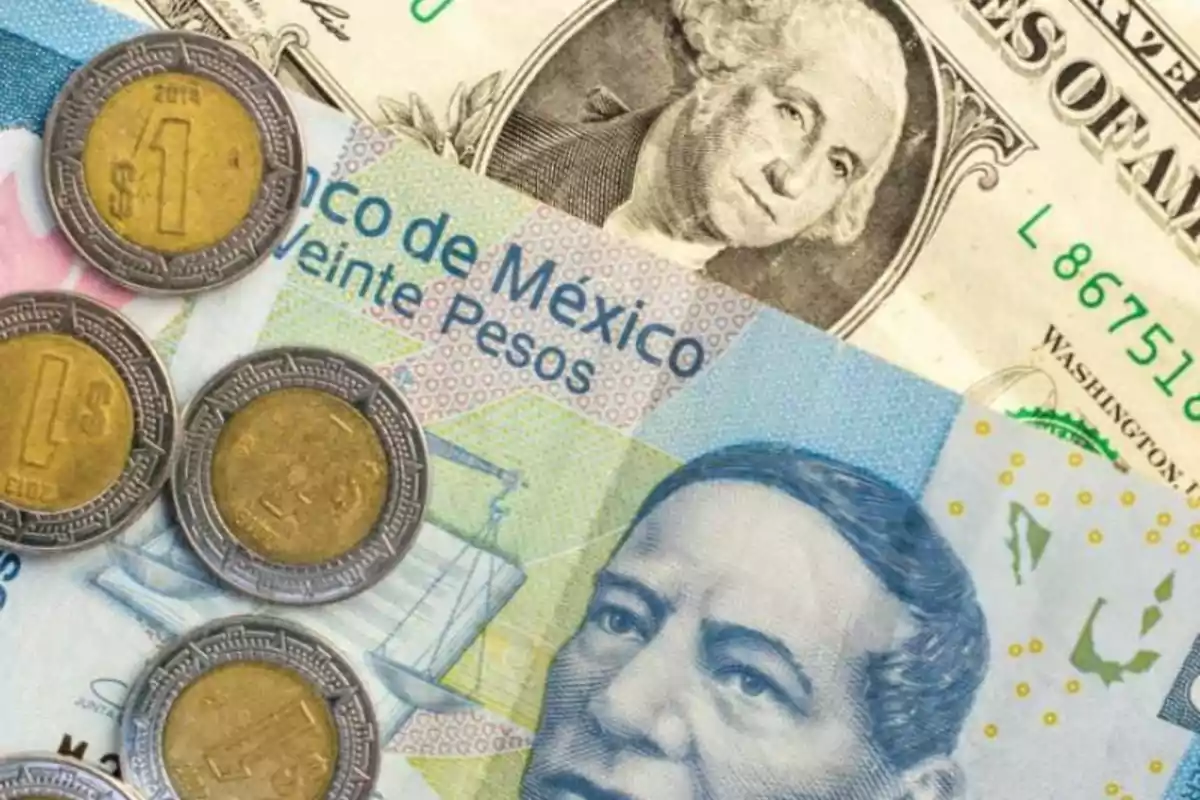 Bills and coins of different denominations from Mexico and the United States.