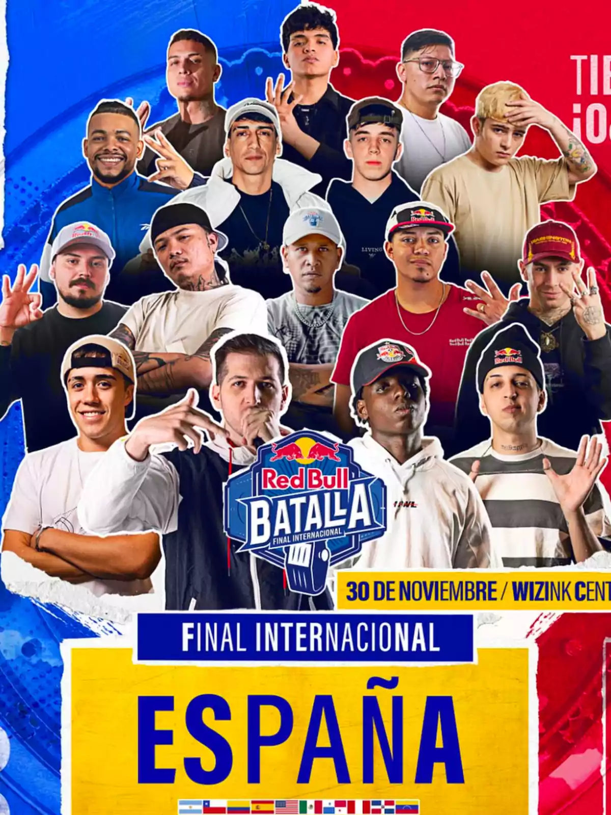 Cartel promocional de la Final Internacional de Red Bull Batalla en España, con varios participantes posando y la fecha del evento, 30 de noviembre, en el Wizink Center.