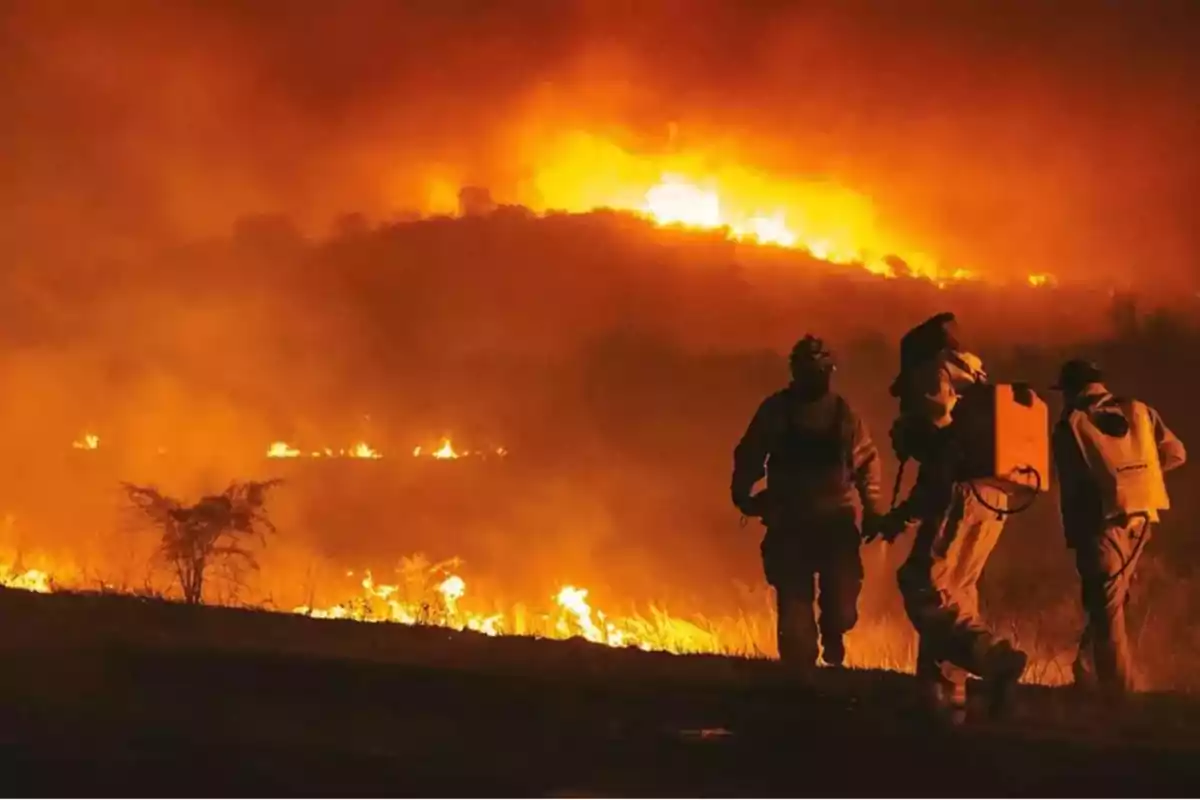 Bomberos combatiendo un incendio forestal durante la noche.