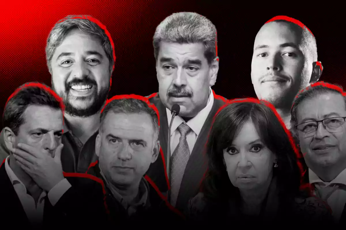 Un grupo de personas en blanco y negro con un fondo rojo.