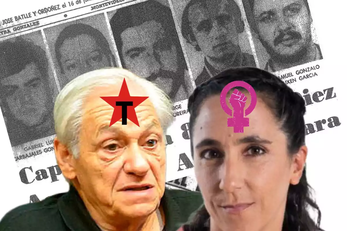 Dos personas con símbolos en la frente, una estrella roja con una "T" y un símbolo feminista, sobre un fondo de recortes de periódico en blanco y negro.