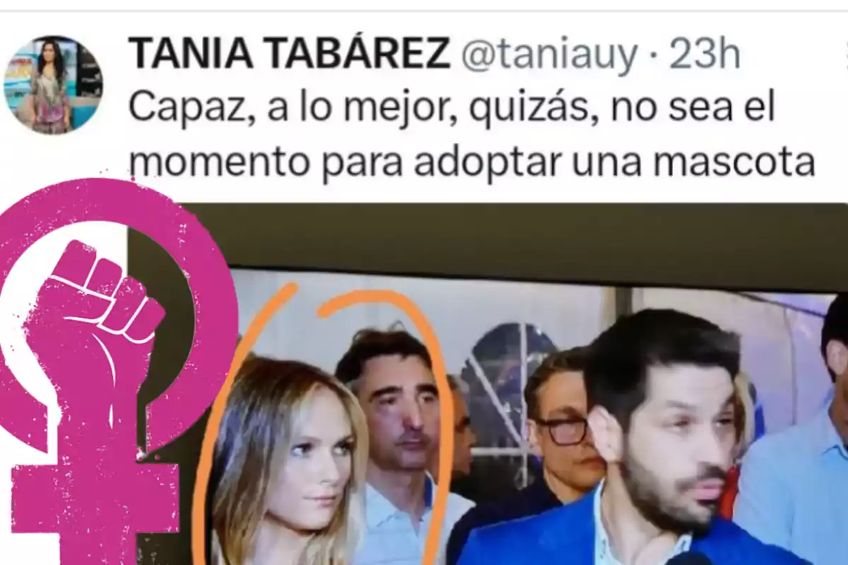 Una captura de pantalla de un tuit que dice "Capaz, a lo mejor, quizás, no sea el momento para adoptar una mascota" junto a una imagen de varias personas en un evento, con un símbolo feminista en la esquina.