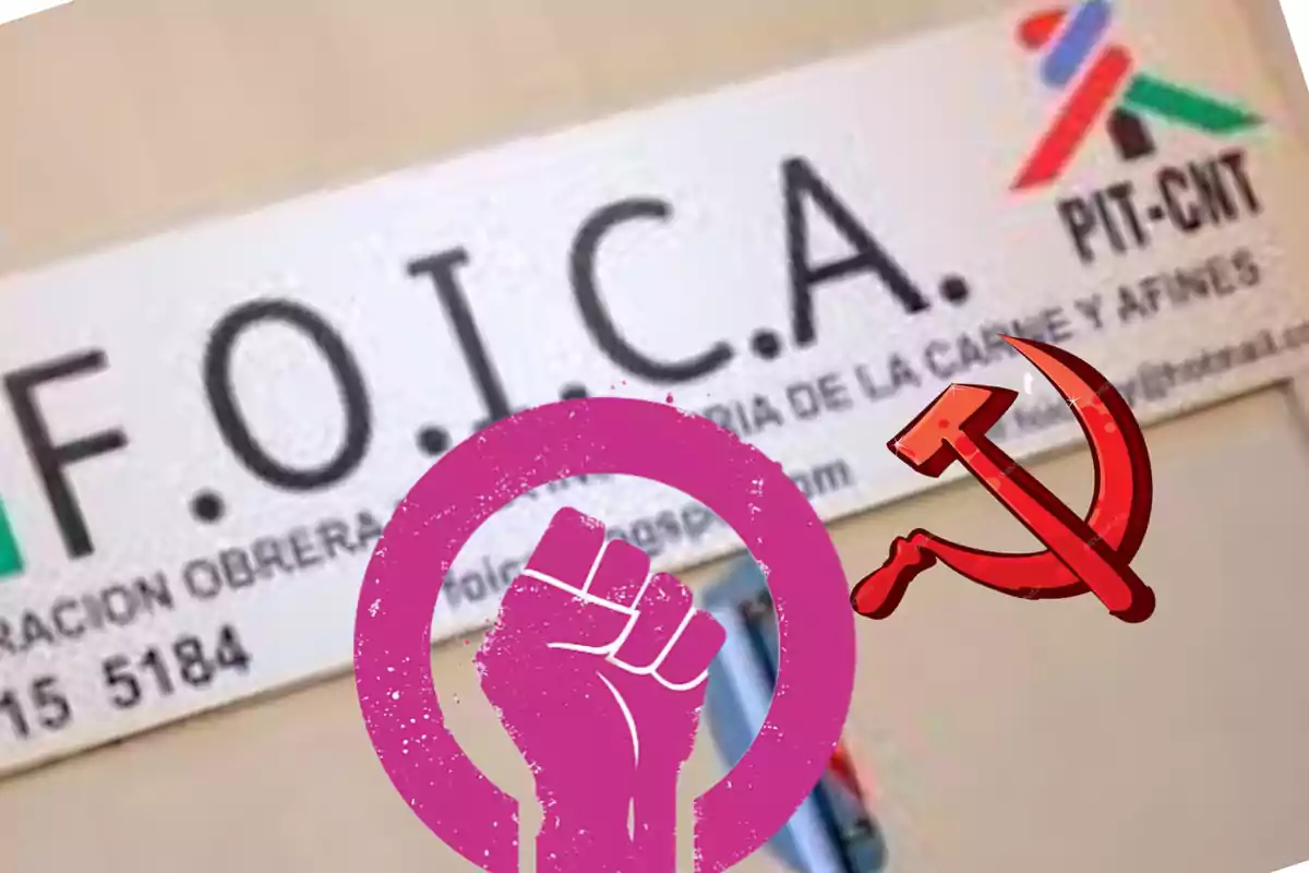 Un cartel de la Federación Obrera de la Industria de la Carne y Afines con los logotipos de un puño feminista y una hoz y martillo superpuestos.