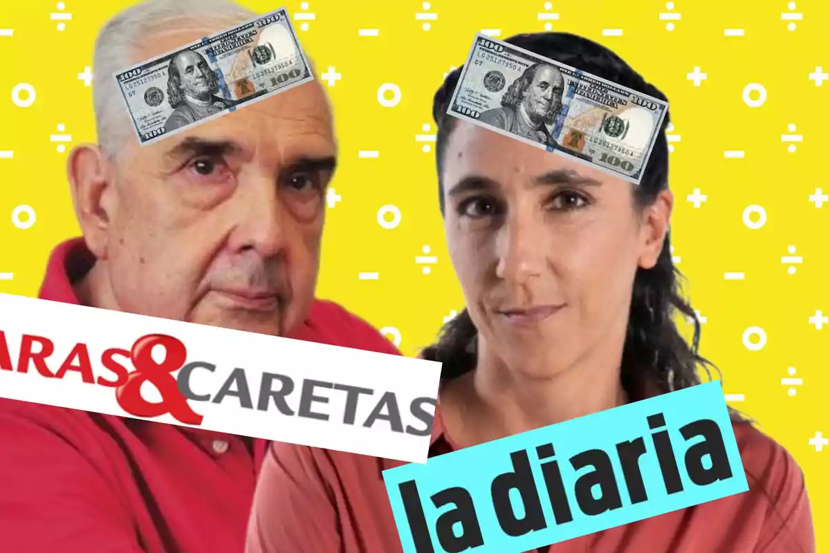 Dos personas con billetes de cien dólares en la frente, sobre un fondo amarillo con símbolos matemáticos, y los logotipos de "Caras & Caretas" y "La Diaria" superpuestos.