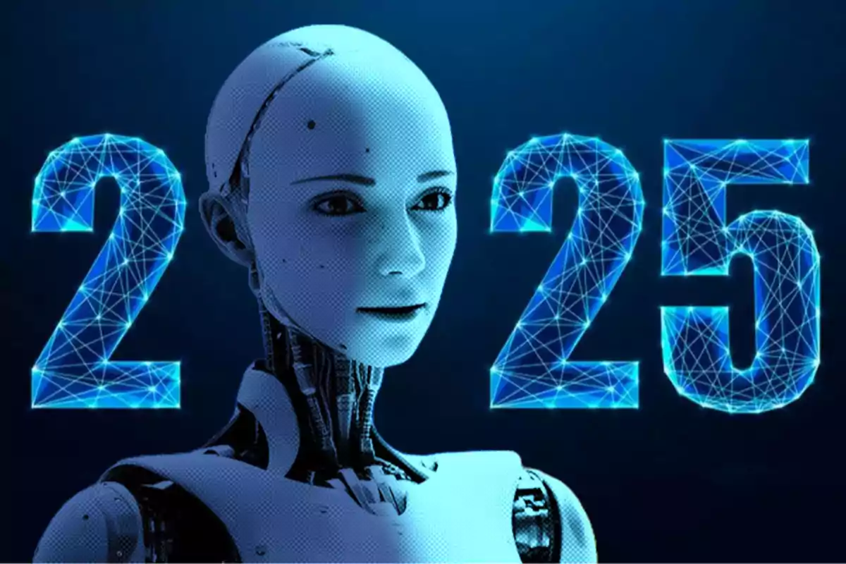 Un robot humanoide con inteligencia artificial junto a los números 2025 con un diseño de red azul sobre un fondo oscuro.