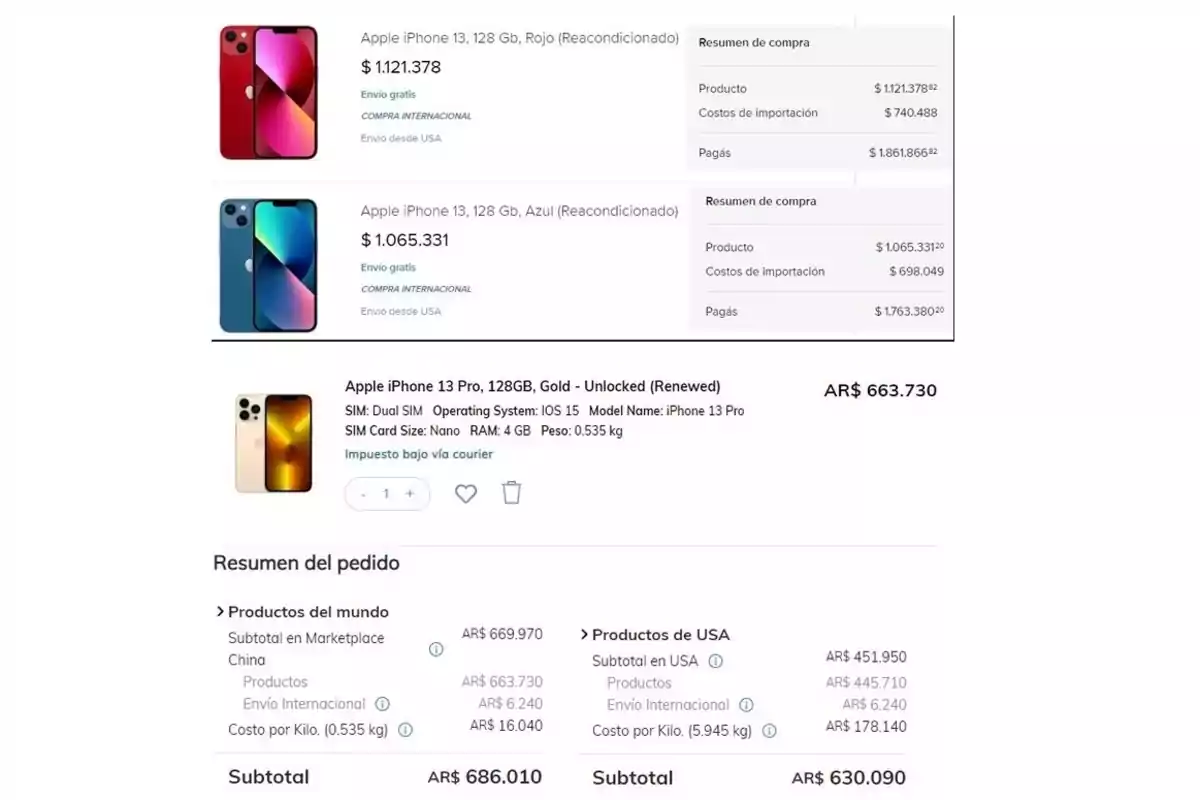 Captura de pantalla que muestra precios y detalles de compra de varios modelos de iPhone 13 reacondicionados, incluyendo opciones de color rojo, azul y dorado, con información sobre costos de importación y envío desde USA, En Mercado Libre, TiendaMia.