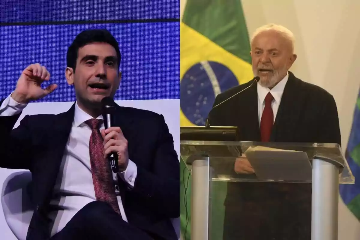 Dos hombres hablando en eventos diferentes, uno con un micrófono en la mano y el otro detrás de un podio con la bandera de Brasil de fondo.