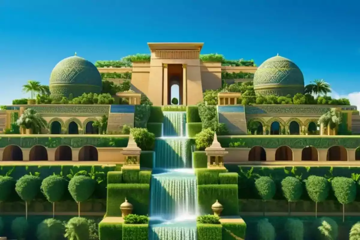 Una representación artística de los Jardines Colgantes de Babilonia con terrazas verdes, cúpulas y cascadas bajo un cielo azul.