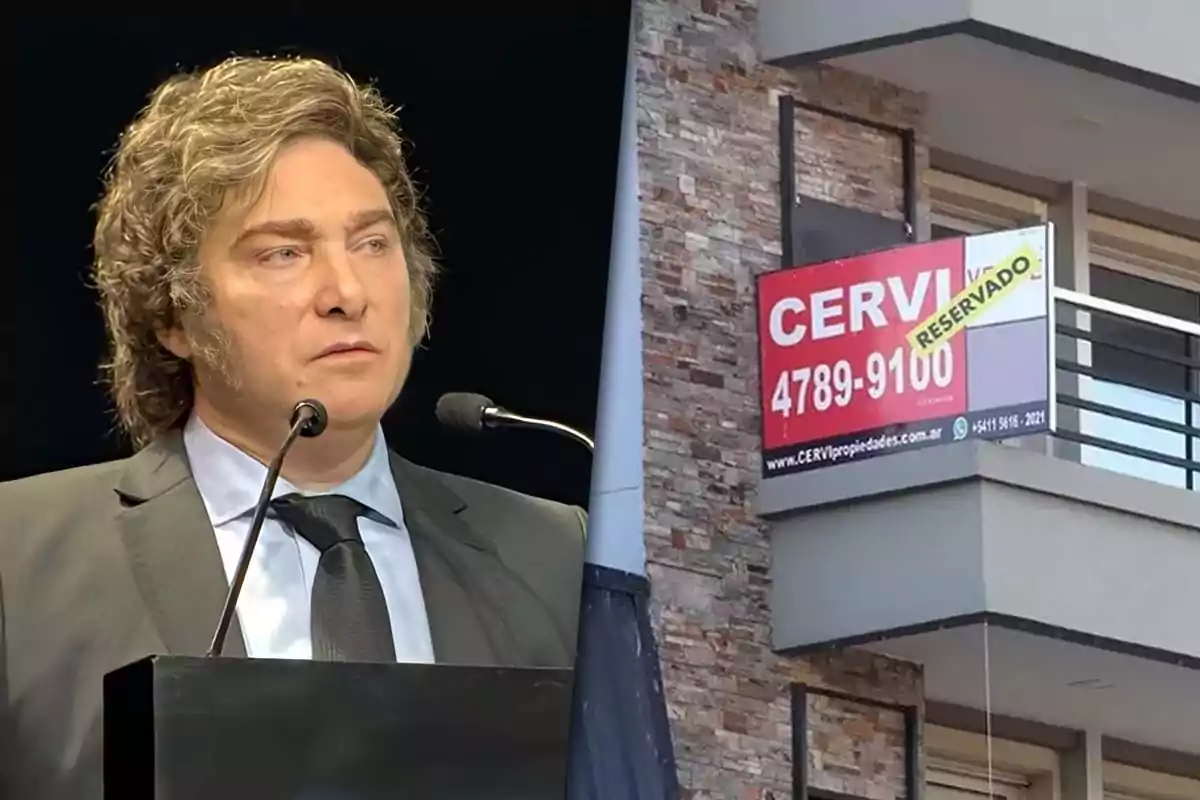 Javier Milei and an image of a building in CABA with a "Reserved" sale sign