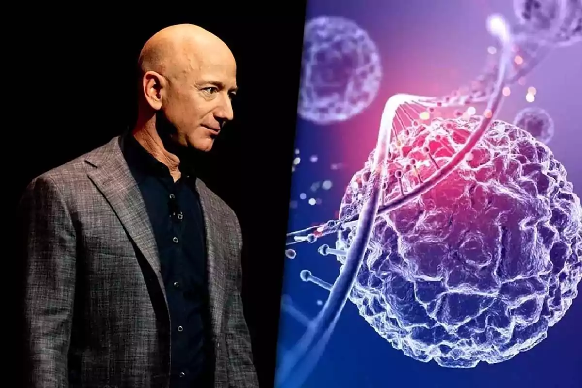 Jeff Bezos in a dark suit on the left and a graphic representation of DNA and cells on the right.