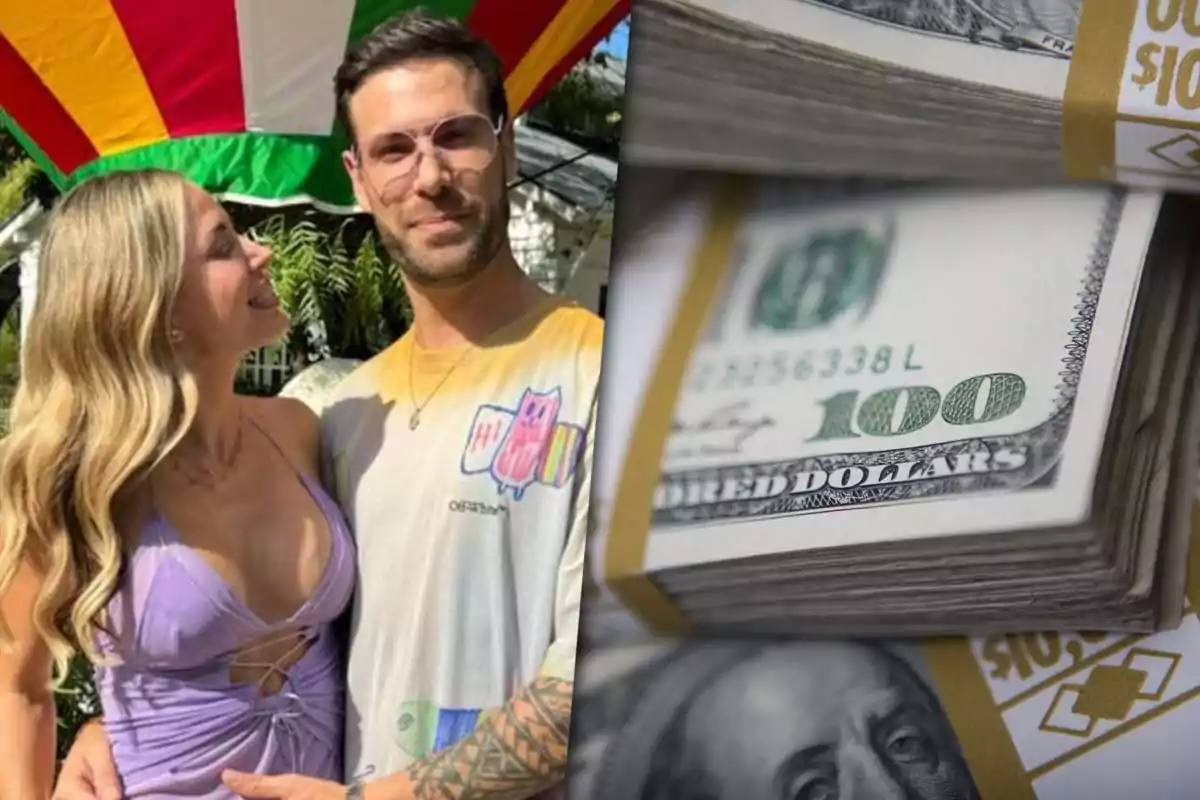 Jesica Cirio and Elías Piccirillo next to an image of stacked dollars.