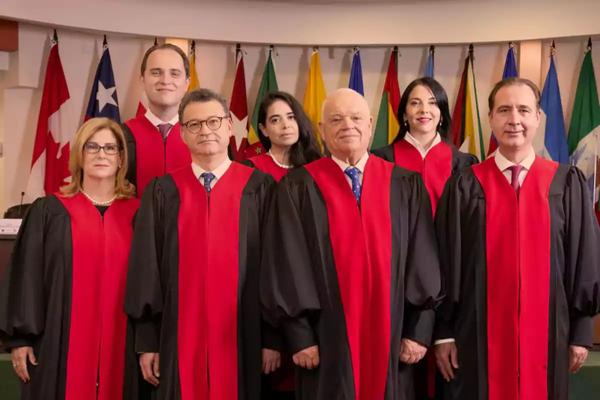 Un grupo de personas vestidas con togas negras y estolas rojas posan frente a una fila de banderas de diferentes países.