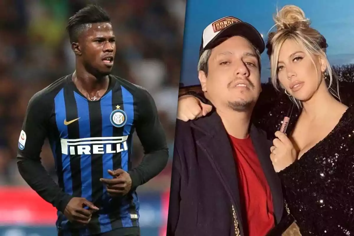 Un futbolista con el uniforme del Inter de Milán a la izquierda (Keita Baldé) y dos personas posando juntas a la derecha (Kennys Palacios y Wanda Nara).