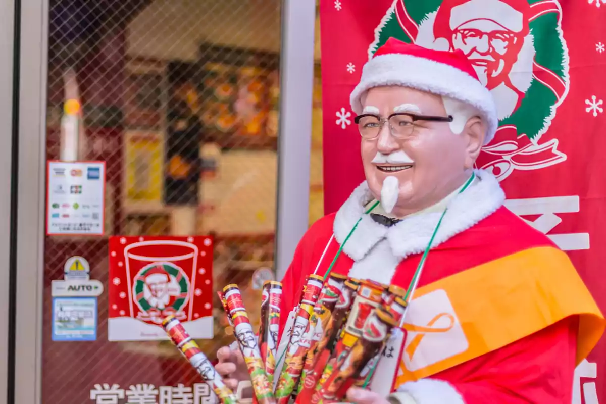 Una estatua de una figura de KFC vestida de Santa Claus con un fondo navideño y varios objetos en las manos frente a una tienda.tradición navideña en Japón.